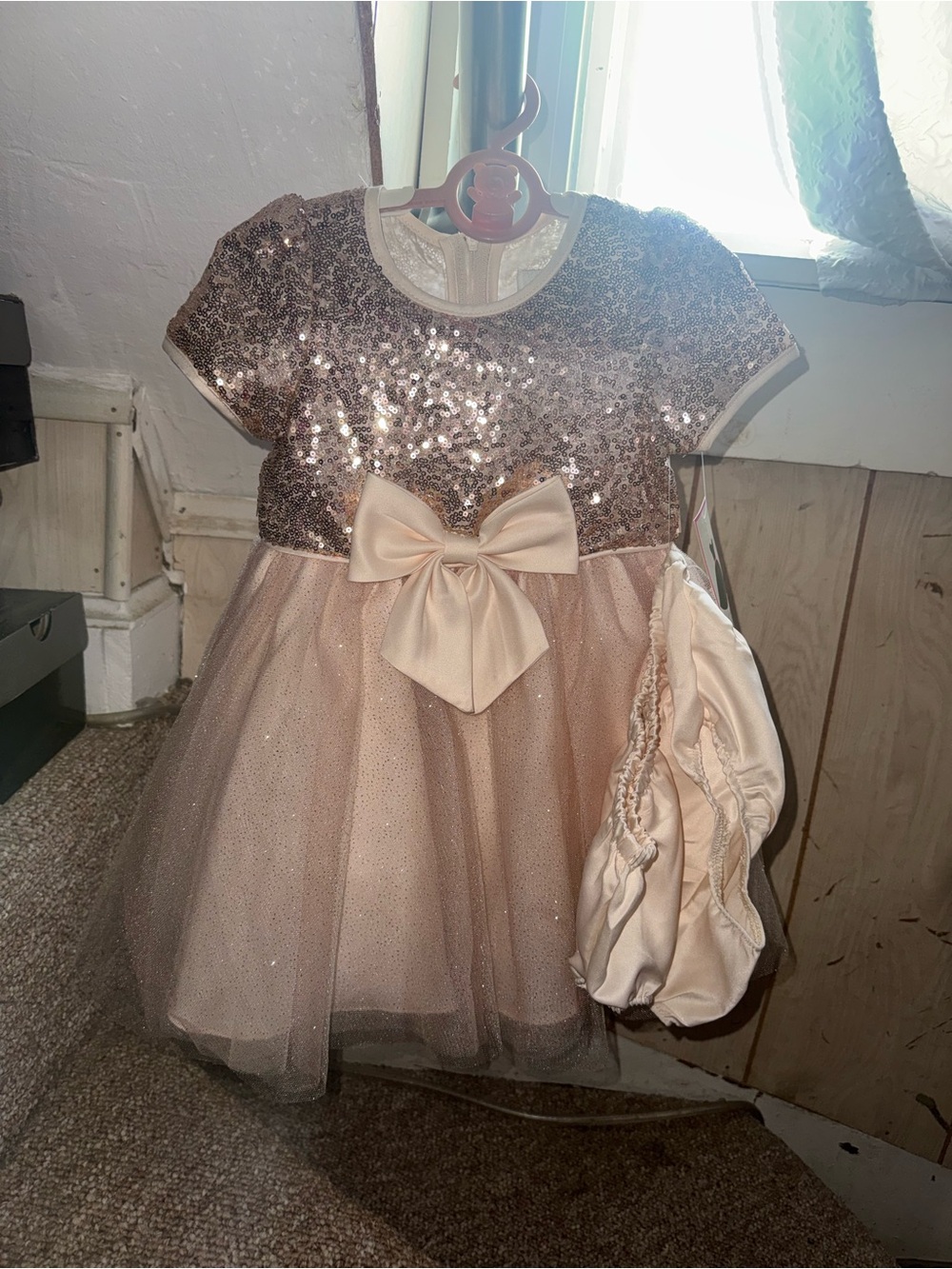 Girls Sparkle Tulle Dress with Bow - Champagne Blush
